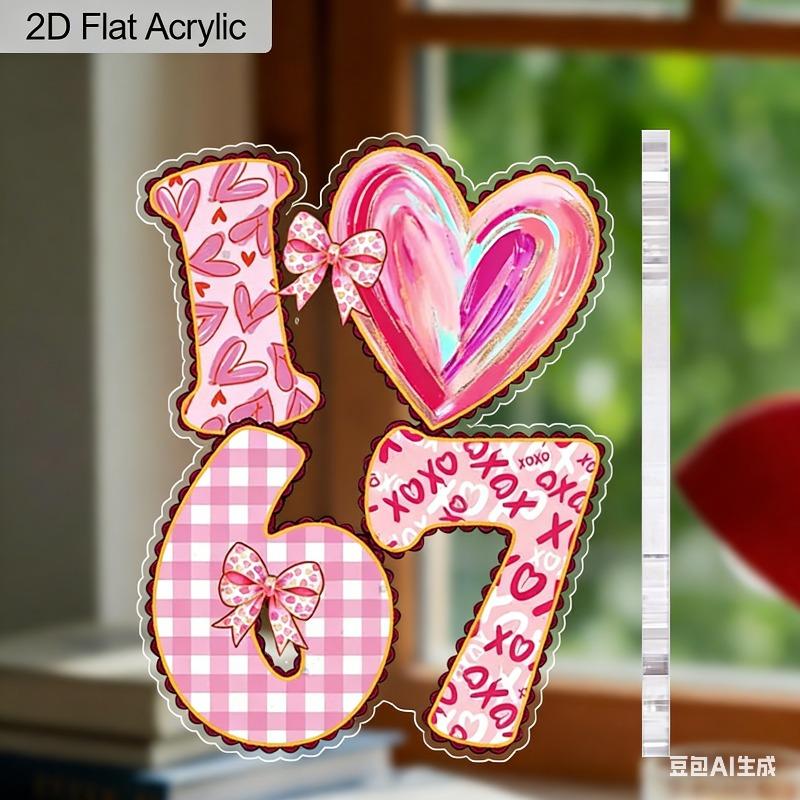 2D Flat Six Seven Love Shaped Acrylic Decoration Sign, Valentine'S Day Gift, Suitable for Wall Decoration, Porch, Room, Villa, Accents Home, Hallway,