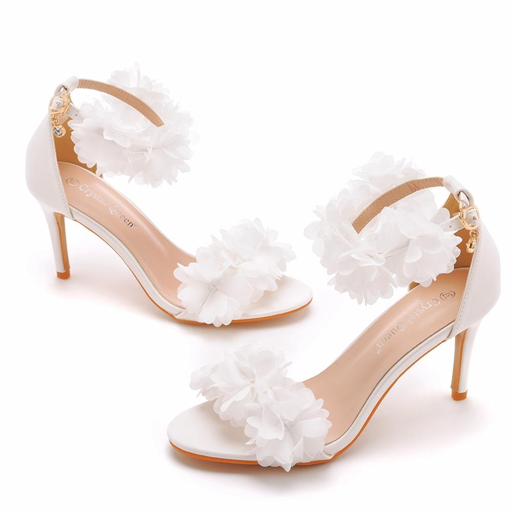 8 Cm Shallow Mouth One-length Strap High Heel Sandals White Flower Light Mouth Sandals Thin Heel Fish Mouth Wedding Bride Wedding Shoes