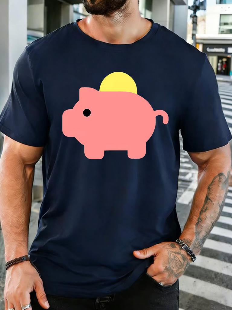 Simple Pink Piggy Bank With Gold Coin Graphic Unisexs Cotton Crew Neck Tee Short Sleeve Loose Wealth Casual Daily Street Male Top