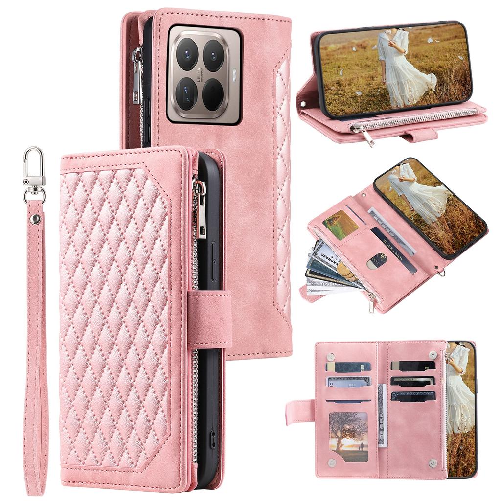 For Xiaomi 15T Pro Wallet Case Rhombus Stitching Line PU Leather Phone Cover with Wrist Strap