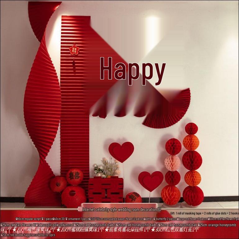 3D Floral Wedding Decor Set: Paper Flowers & Double Happiness Wall Stickers for Bedroom & Living Room