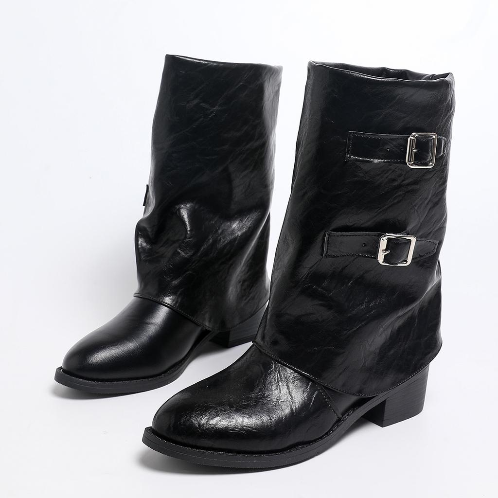 Fashion Sexy Metal Belt Buckle Black Riding Boots Women 2025 Autumn Retro Brown Medium Heel Ankle Boots Western Cowboy Shoes for Woman