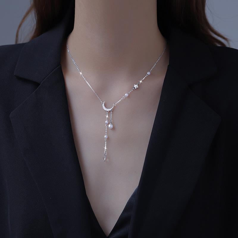 New 925 Silver Star Moon Necklace Pearl Tassel Collarbone Chain Sparkling Zircon Pendant Wedding Jewelry Accessories