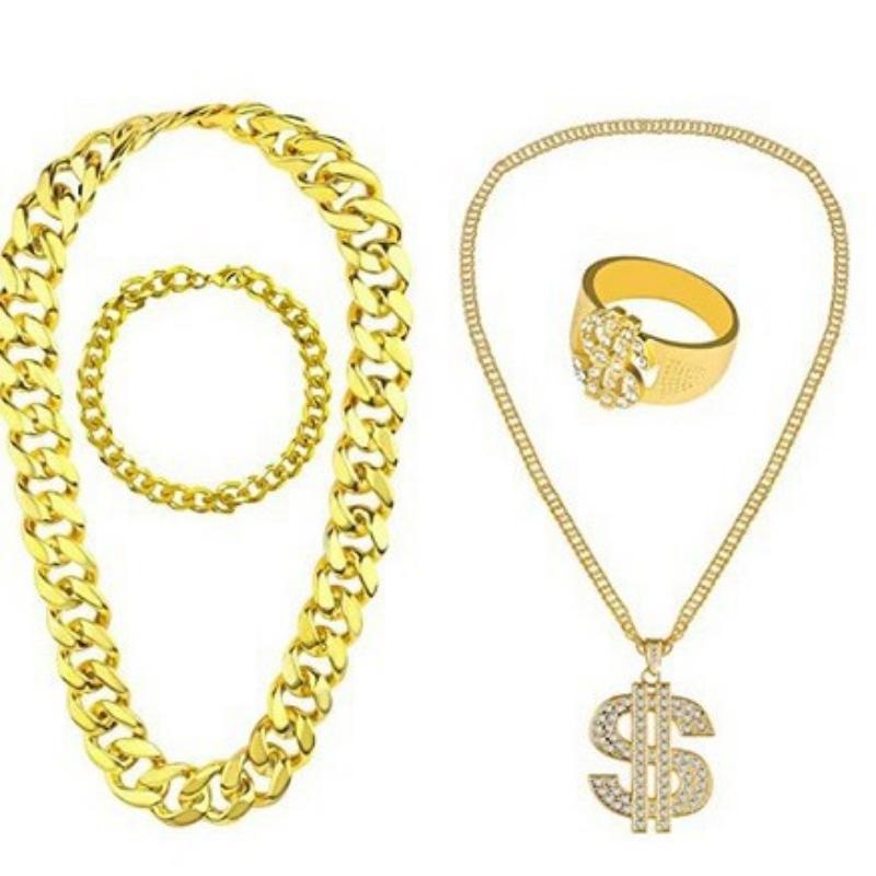 Hip-hop Exaggerated Punk Alloy US Gold Chain Necklace Glasses Ring Bracelet Set