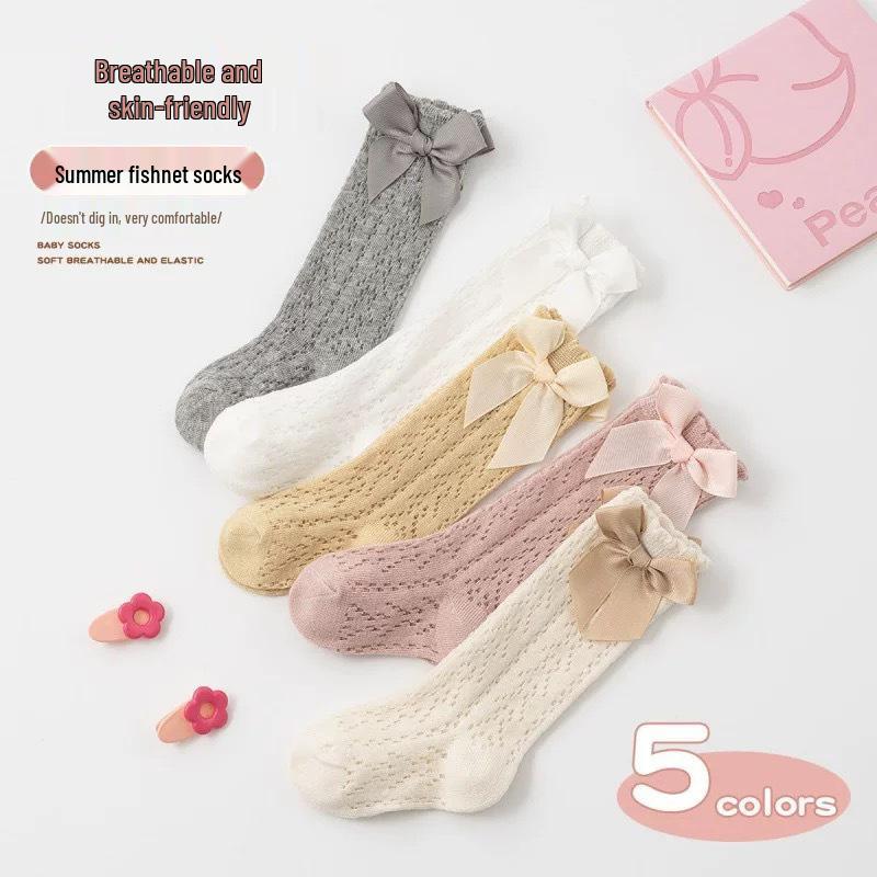 Autumn High Tube Breathable Mesh Baby Socks with Anti-Drop Bow Design