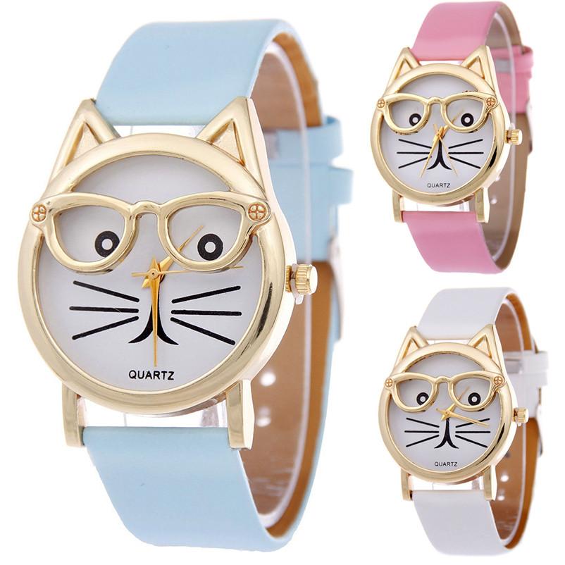 Cat Glasses Face Womens Watch Cartoon Solid Color No Word Gold Frame Daily Wear