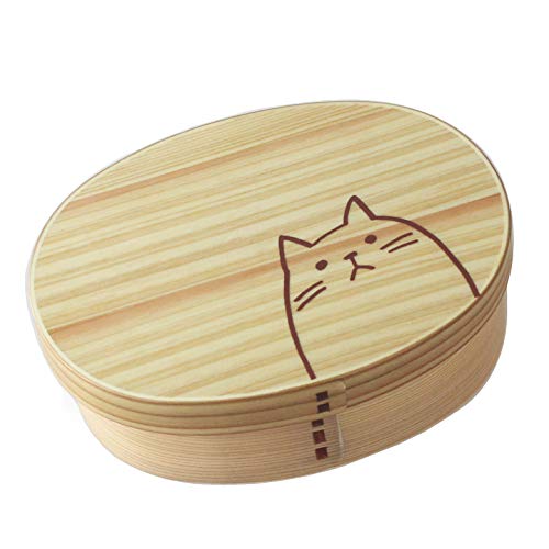 

Fujishiro Kogei Magewappa Oval Lunch Box, Cat Design, Lacquered, Finished in Japan (Natural)