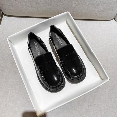 Hübsche Plateauslipper Damen Herbst und Winter Neu Britischer Retro Weichsohlige Einzelne Schuhe College Stil Kleine Lederschuhe Schwarz