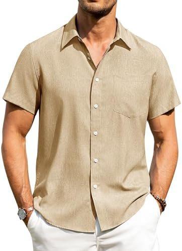 Alimens & Gentle Men's Linen Shirt Short Sleeve Button Up Shirt Wrinkle Free Casual Vacation Beach Summer