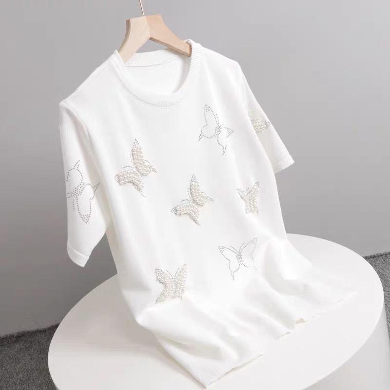 Women's Summer 2025 Butterfly Rhinestone Knitted Top - Ice Silk Short Sleeve, Versatile Round Neck T-Shirt