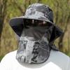 Summer Men Sun Hat with Shawl Veil 9 Cm Brim Military Camouflage Side Breathable Mesh Bucket Cap Outdoor Sunscreen Fishing Cap