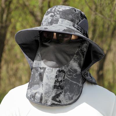 Summer Men Sun Hat with Shawl Veil 9 Cm Brim Military Camouflage Side Breathable Mesh Bucket Cap Outdoor Sunscreen Fishing Cap