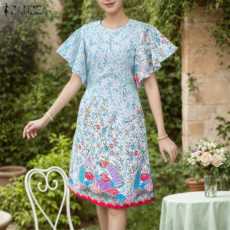 ZANZEA Women Summer Round Neck Ruffles Short Sleeve Casual Print Dress