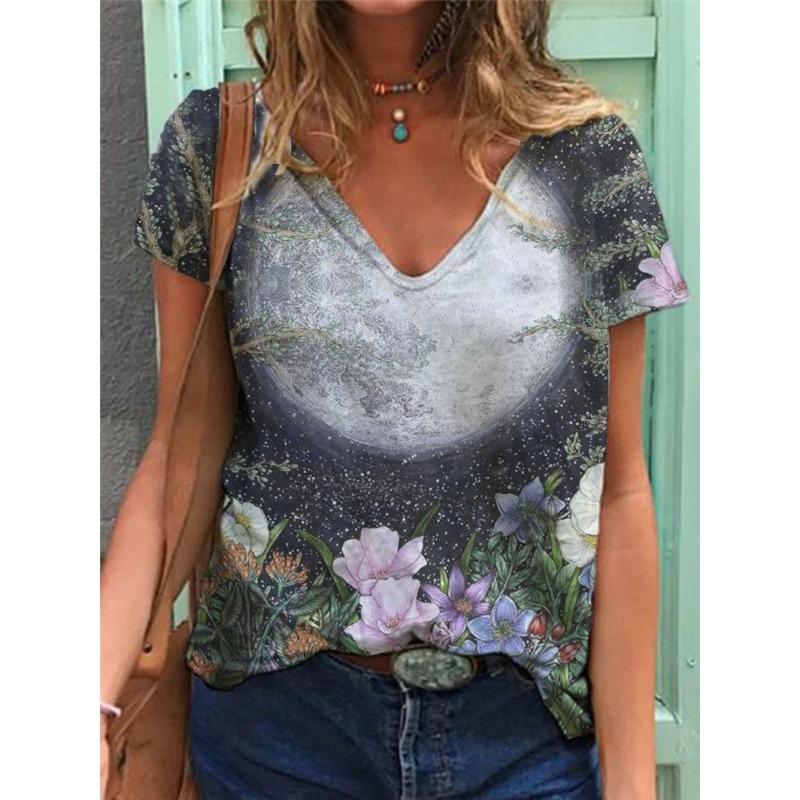 Summer Women's Loose Multicolored V-neck Printed Short Sleeved T-shirt for Women