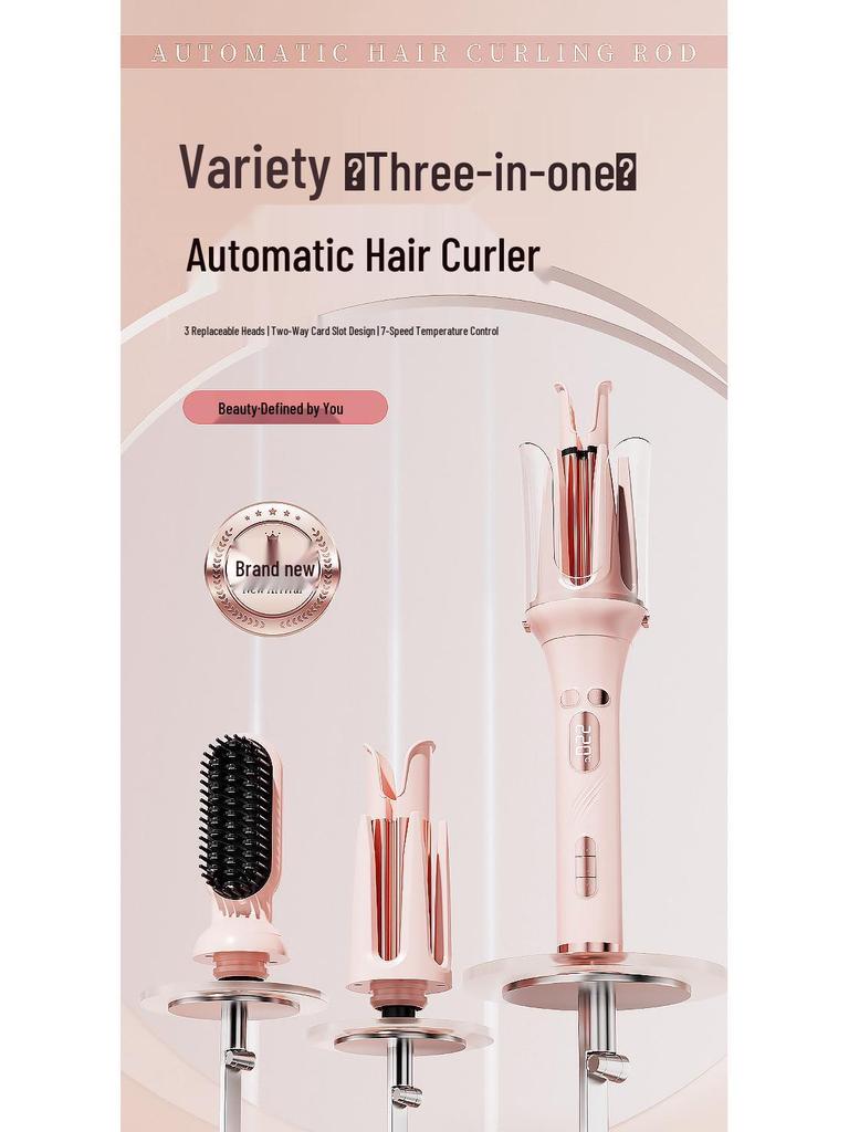 3-in-1 Automatic Hair Curler with Interchangeable Heads for Big Waves, Straight Hair, Corn Waves, & Egg Rolls