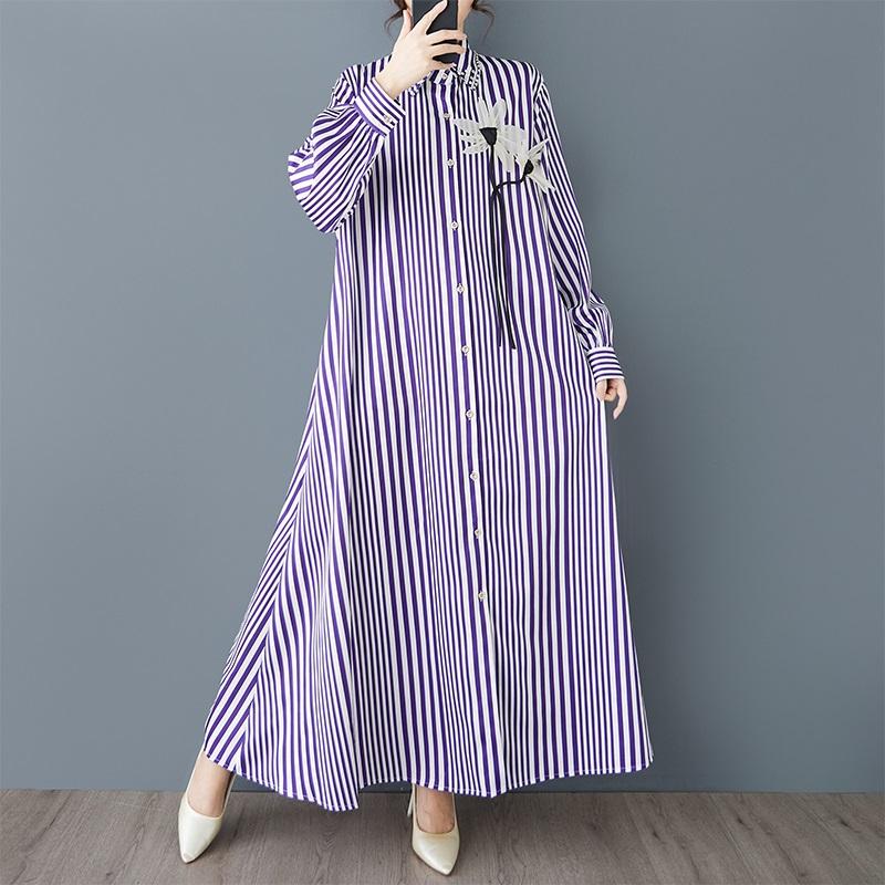 Long sleeve Plus size vintage Stripe floral new in dresses for women casual loose spring autumn Shirt dress