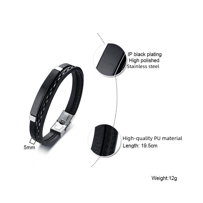 Men's Black Stainless Steel & Braided PU Leather Bracelet - European & American Style, Curved Design, BL-474