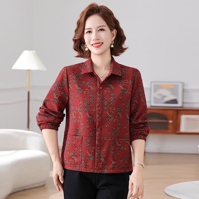 Mom's Autumn Print Zipper Cardigan – 2025 New Loose Lapel Jacket for Middle-Aged and Elderly Women