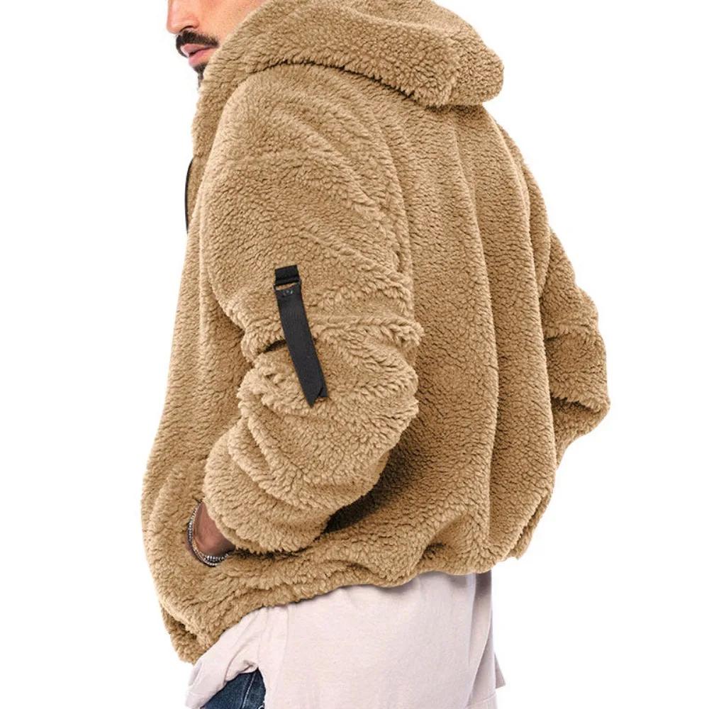 Men's Winter Velvet Fleece Zipper Jacket Casual Soft Skin Solid Warmth Streetwear Trendy Baggy Hooded Jacket Coats for Men