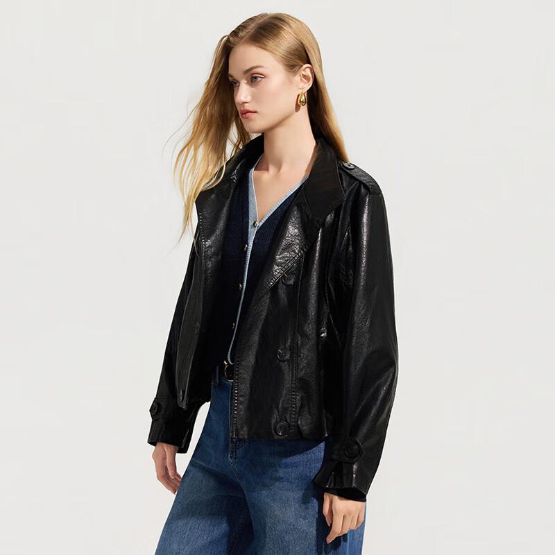Ta Tu Women's Loose-fit Stand Collar Short PU Leather Jacket