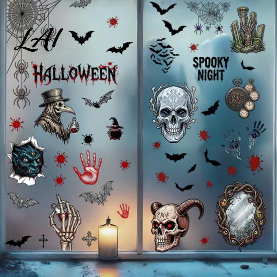 Glass Stickers Halloween Electrostatic Stickers Skull Demon Blood Handprints Bats Scary Window Pattern Cling Clings Spooky for Doors Mirrors