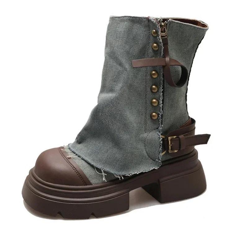 Women Ankle Boots Western Denim Short Boots Rivet Ankle Boots Fashion Slip on Thick Bottom Platform Shoes