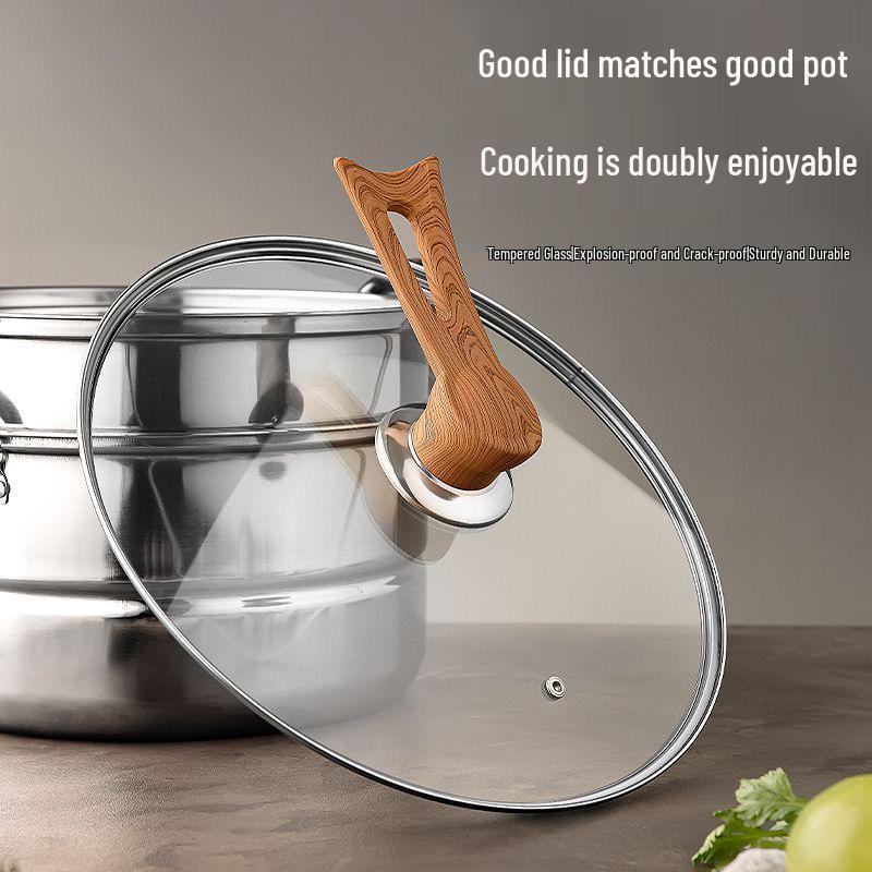 Universeller transparenter Edelstahl-Wokdeckel mit hochtemperaturbeständigem Fiberglasgriff