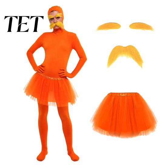 Unisex Zentai Suit Orange Full Bodysuit, with Tulle Skirt, Fake Belly, Yellow Mustache & Eyebrows, Solid Color Costume Open Face Suit, Halloween