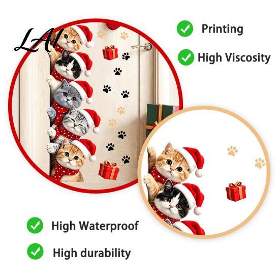 Cartoon Kitty Window Graphics Christmas Cat Door Sticker Cute Santa Hat Kittens Wall Decal Self Easy Peel And Stick Murals Adhesive Waterproof