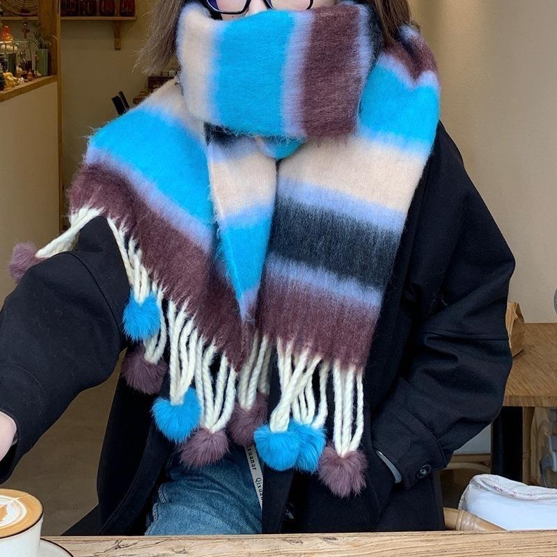 Dopamine Mohair Student Scarf Women's Autumn and Winter Trend Rainbow Striped Scarf Fur Ball To Keep Warm