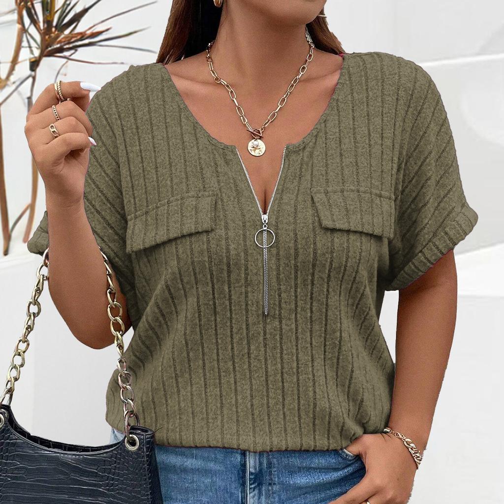 Frühling und Sommer Einfarbig Große Größe frauen Tops Zipper Kurzarm Gefälschte Tasche Pullover Lose T-Shirt