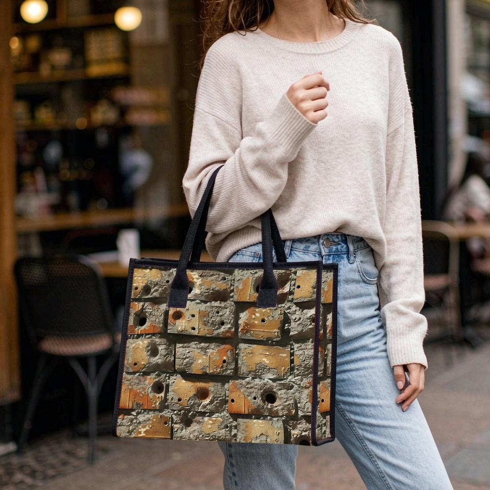 Vintage Block Pattern Tote Bag Casual Large Capacity Daily Commuting Shoulder Bag