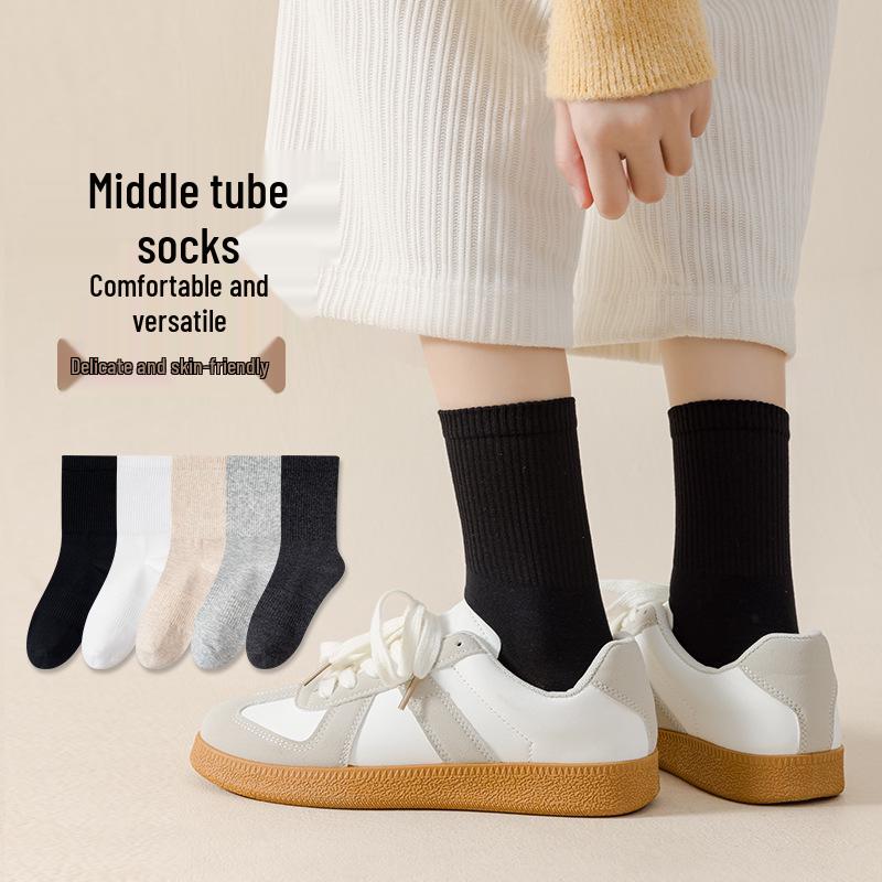 Women's Mid-Calf Summer Thin Socks - Anti-Pilling, Versatile, Sweat-Wicking, Odor-Resistant, Long-Staple Cotton, Solid Color.