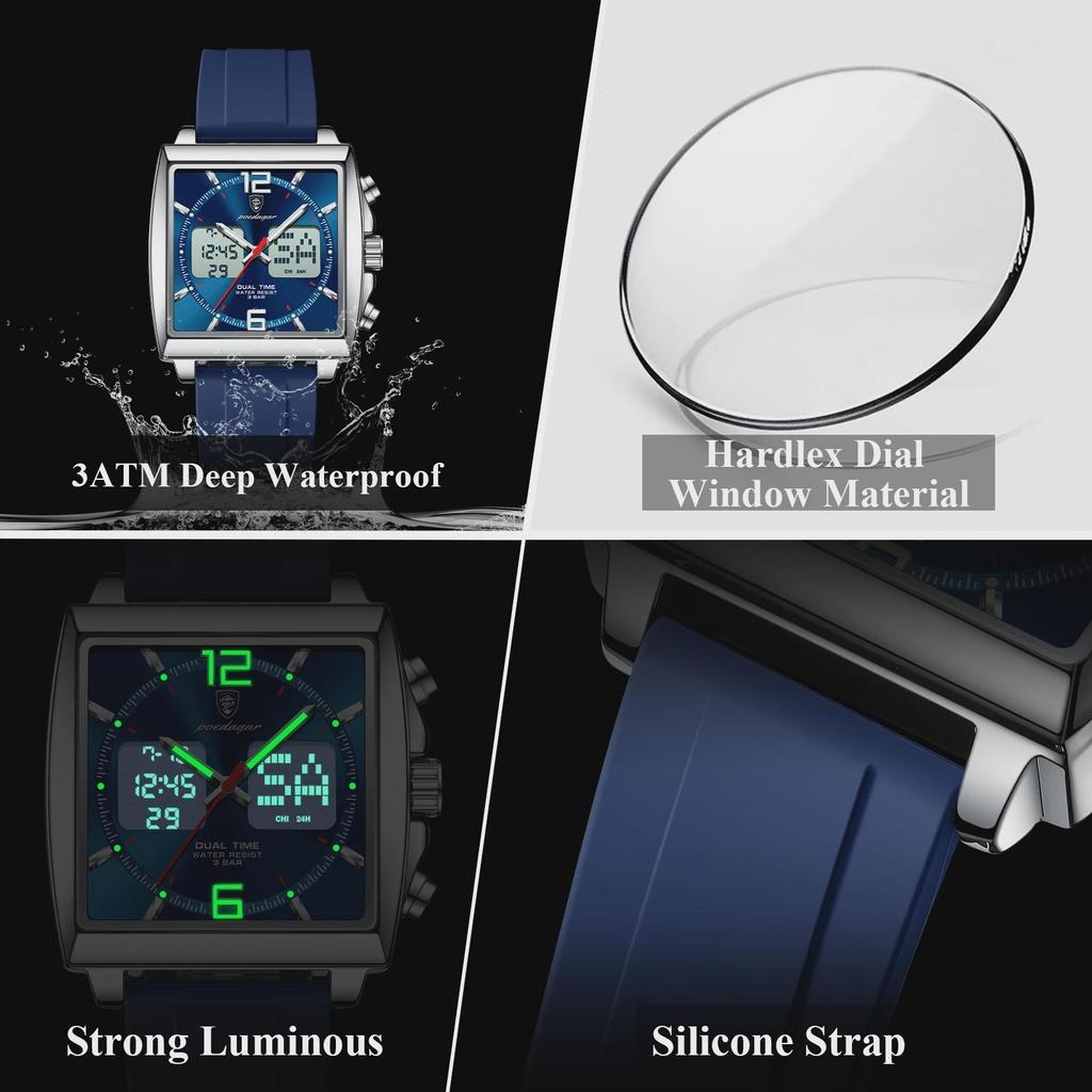 POEDAGAR Luxury Man Watch Electronic Square LED Alarm Chronograph Men's Watches Week Date Dual Time Display Men Quartz Clock