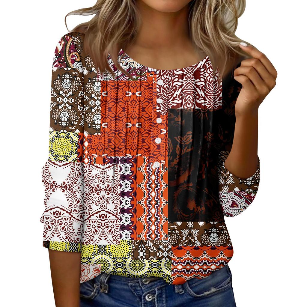 Women's Round Neck Pull Stripe Decorative Button Top Casual Solid Color 3/4 Sleeve T Shirt