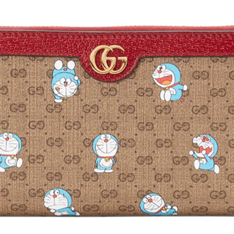 Gucci X Doraemon Collaboration Monogram Logo Canvas And Leather Long Zipper Wallet Unisex Wallet Ebony Red 647787-2TUBG-8580