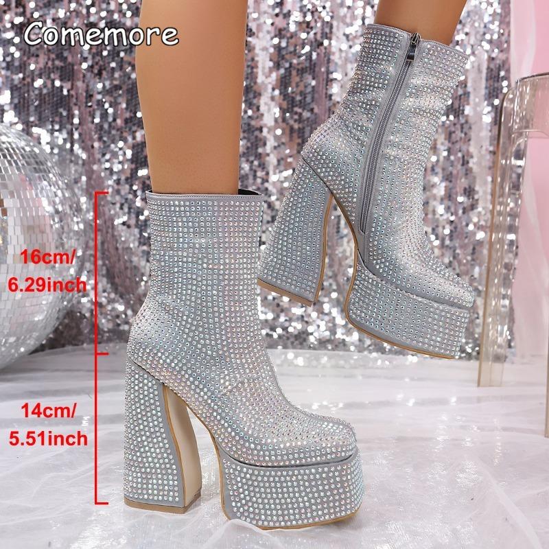 Super Hohe Klobige Absätze Strass Knöchelhohe Stiefel Rosapink Damenmode Plateau Schuhe Seitenreißverschluss Kristall Botines Stiefel Damen
