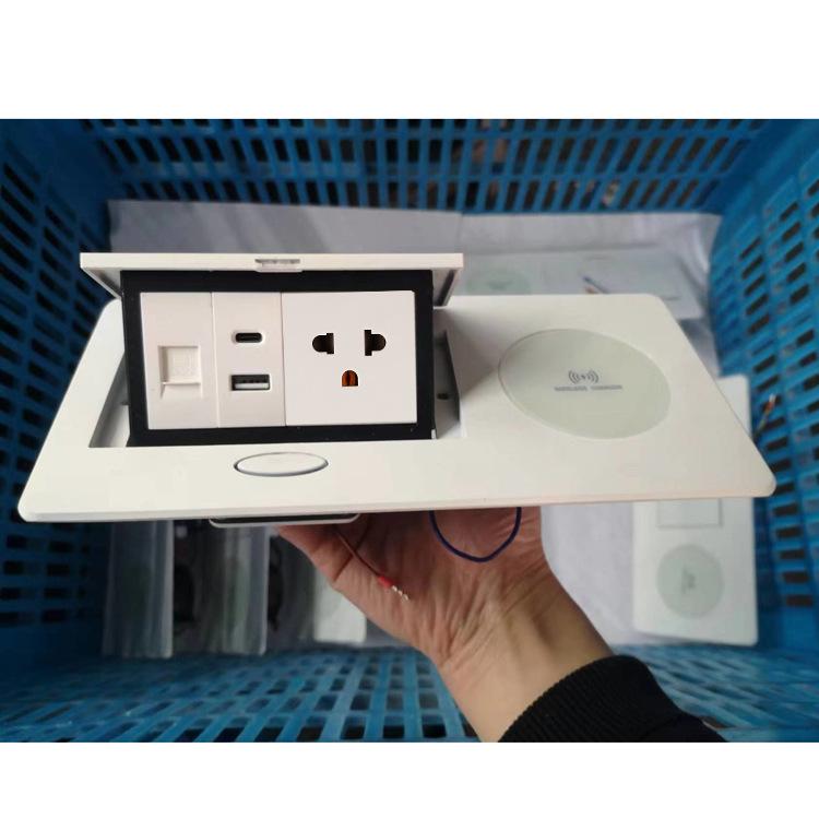 White Wireless Charging Desktop Socket with EU & UK Standards, USB-C Port, Ideal for Conference Tables