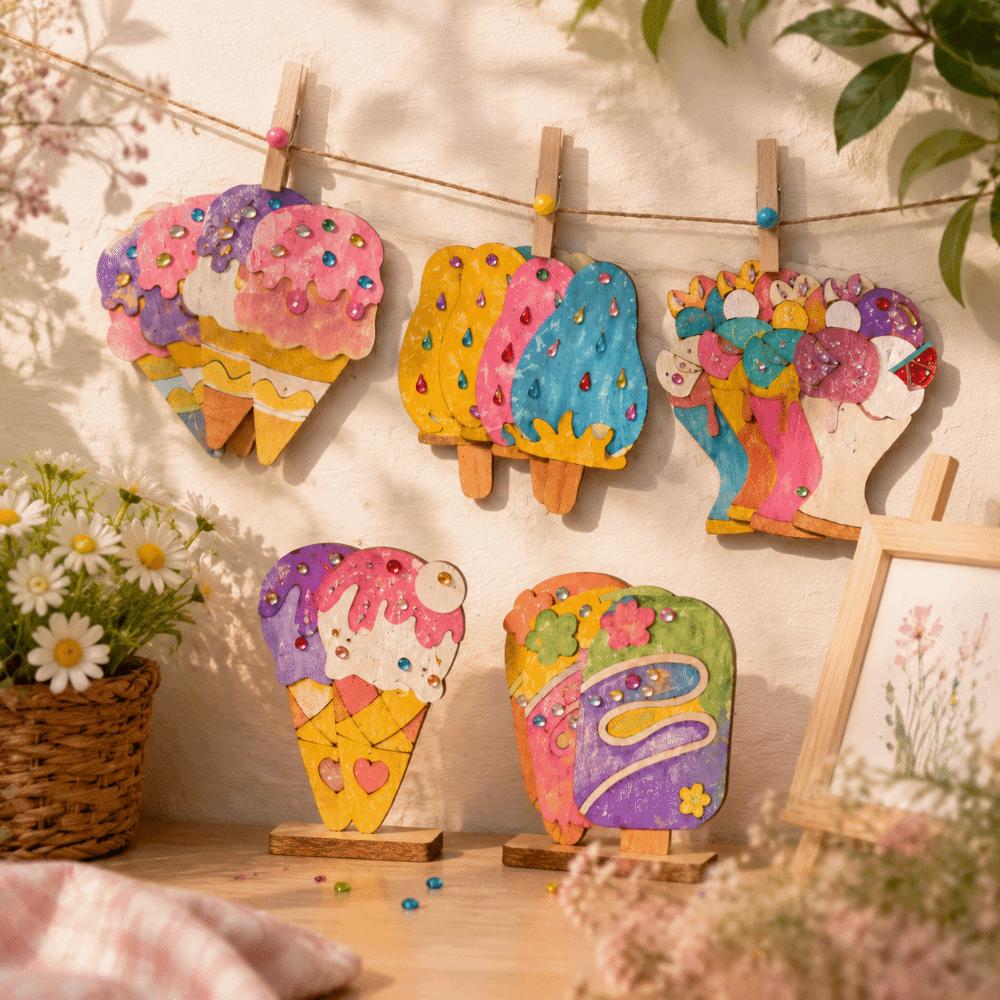Handmade Ice Cream Graffiti Kit Wooden Ice Cream Pendant Hand Drawn DIY Graffiti Set Decorations