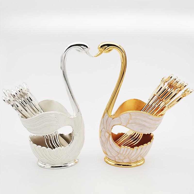 7pcs Set Swan Base Creative Decoration Tableware Fruit Fork Dessert Spoon Cute Coffee Spoon Combination Decoration Ornament
