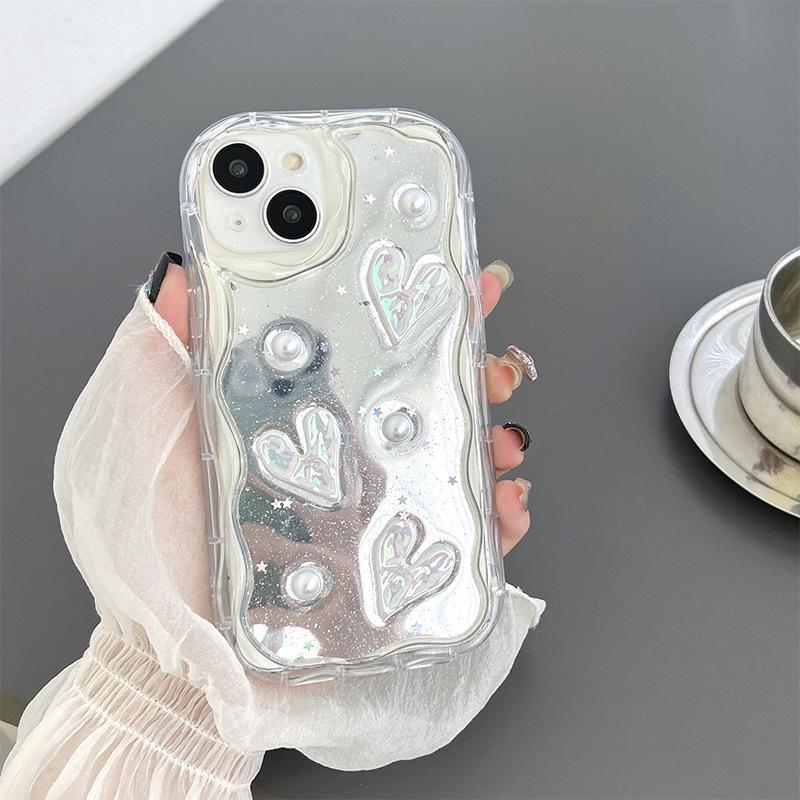 

Light Luxury Ins Style Silver Love Glass Mirror Phone Case for IPhone17Pro Pearl Five-pointed Star Flower For iPhone 17Promax