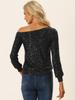 Allegra K Women's Off-the-Shoulder Sequined Blouse with Elastic Cuffs, Long Sleeve, Black, Size XL