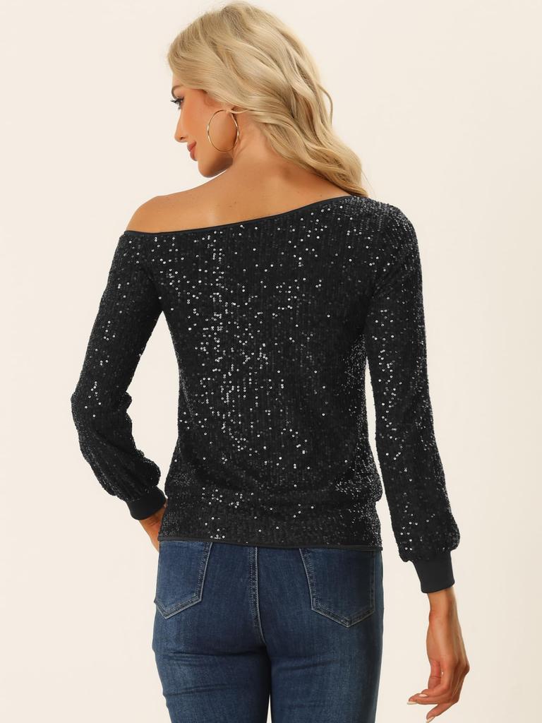 Allegra K Women's Off-the-Shoulder Sequined Blouse with Elastic Cuffs, Long Sleeve, Black, Size XL