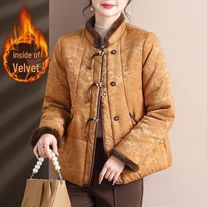 

2025 New Style Women s Chinese Plus Velvet Winter Jacket - Cozy Cotton Coat for Middle-Aged & Elderly 5XL (Recommended 150-165 jin)