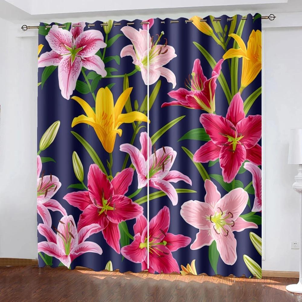 Tende Oscuranti Floreali con Gigli Rosa e Neri per Camera da Letto, Soggiorno, Bagno, Cucina, Porta. Alta Ombreggiatura, Nuovo Motivo