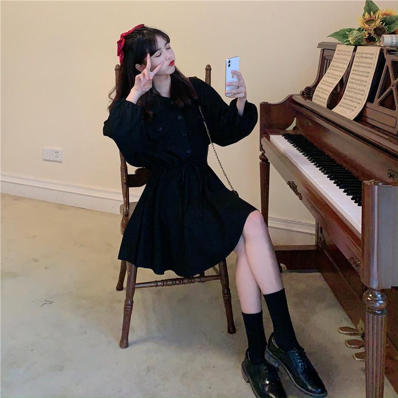 Autumn Korean version of autumn clothing POLO collar drawstring waist thin small A-shaped long-sleeved dress women's skirt