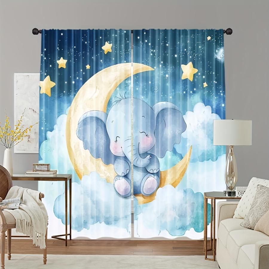 2PCS Digital Print Curtain, Cute Cartoon Elephant Moon Stars Pattern, Watercolor Nursery Theme for Baby Kids Bedroom Home Decor