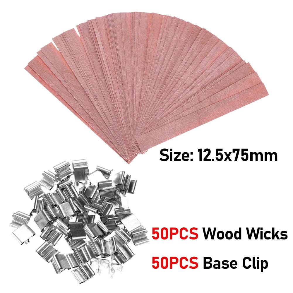 50pcs Wooden Candles Wick Smokeless Candle Core with Clip Base DIY Candle Making Kit Handmade Candle Wood Core Candlewick