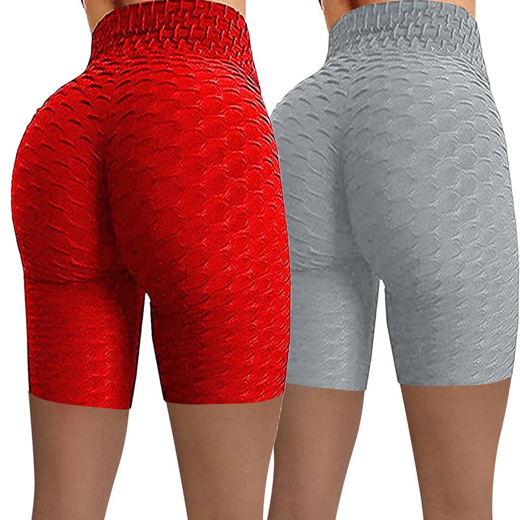 2PCWomen Wrinkled High Waist Hip Stretch Running Fitness Yoga Pants Biker Shorts