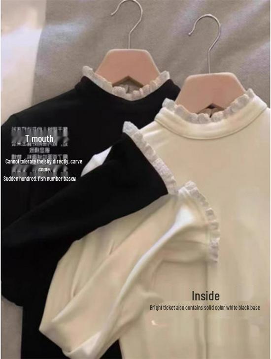 Women's Lace Trim Velvet Turtleneck Long-Sleeve Top for Autumn/Winter 2025